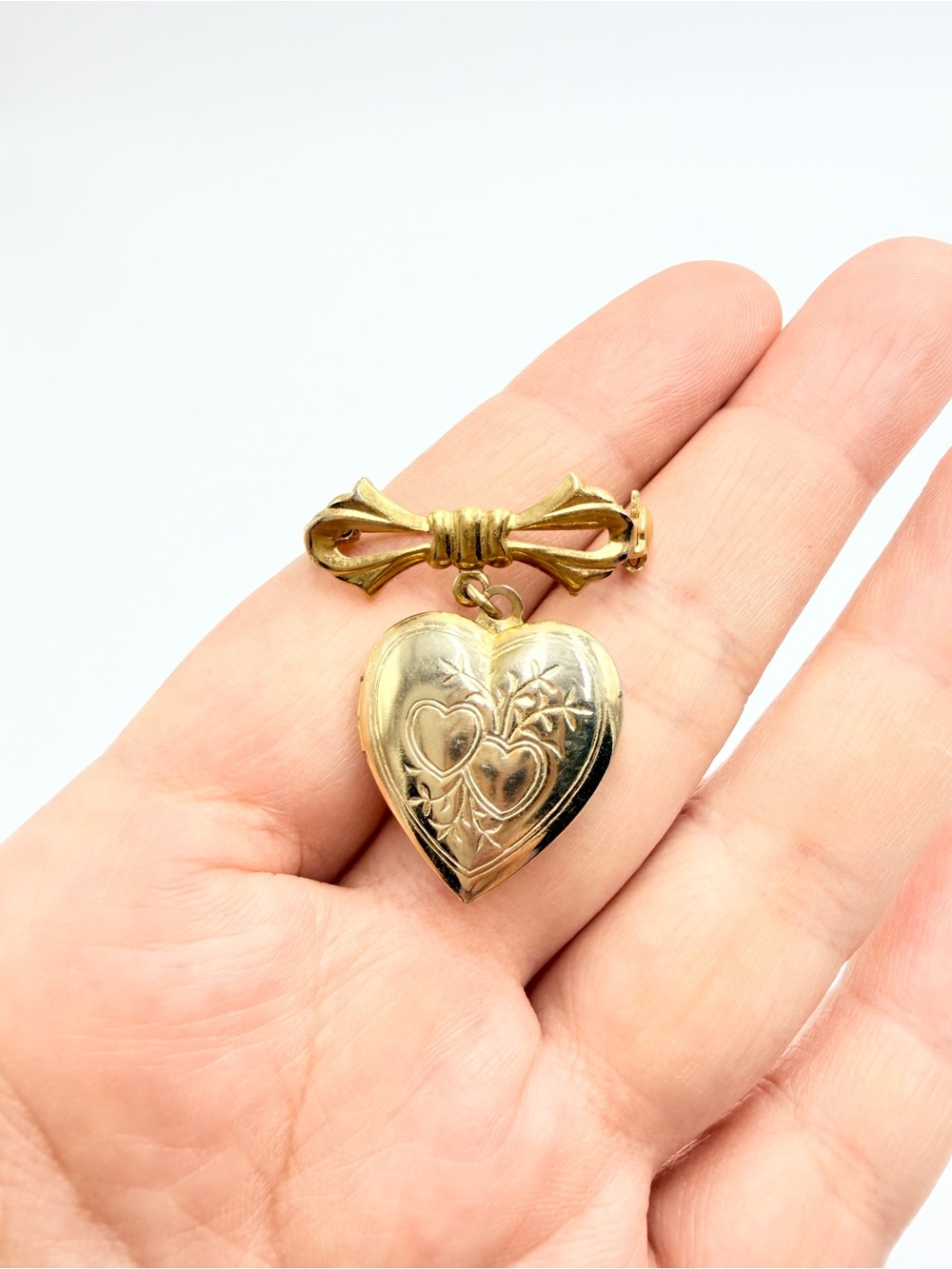 Vintage Gold Tone Bow Brooch with Dangling Heart Locket